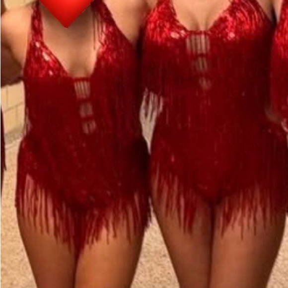 Red Satin Fringe One Piece with Lace V-Neck -new - Picture 1 of 4